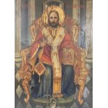 An early 20th century tempera on pine icon depicting Christ seated upon a throne, dated 1908, 40 x