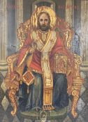 An early 20th century tempera on pine icon depicting Christ seated upon a throne, dated 1908, 40 x