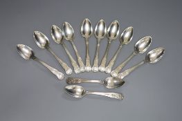 A matched set of twelve George III silver hourglass pattern teaspoons, various maker's, London,