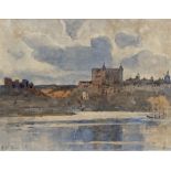 Mofat Lindner, watercolour, Waterside castle, signed, 23 x 30cm