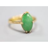 A Chinese yellow metal and oval cabochon jade set ring, size H/I, gross 3 grams.CONDITION: Stone