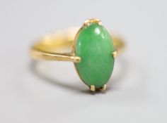 A Chinese yellow metal and oval cabochon jade set ring, size H/I, gross 3 grams.CONDITION: Stone