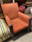 A George IV carved mahogany library armchair upholstered in faded red leather, width 70cm, depth