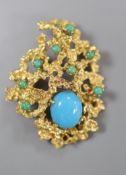 A yellow metal and turquoise set rustic modernist brooch (stone missing), 41mm, gross 12.1 grams.
