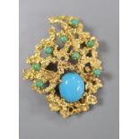 A yellow metal and turquoise set rustic modernist brooch (stone missing), 41mm, gross 12.1 grams.