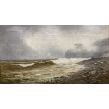 Frederick William Pike, oil on canvas, Waves breaking on the shore with shipping in the distance,