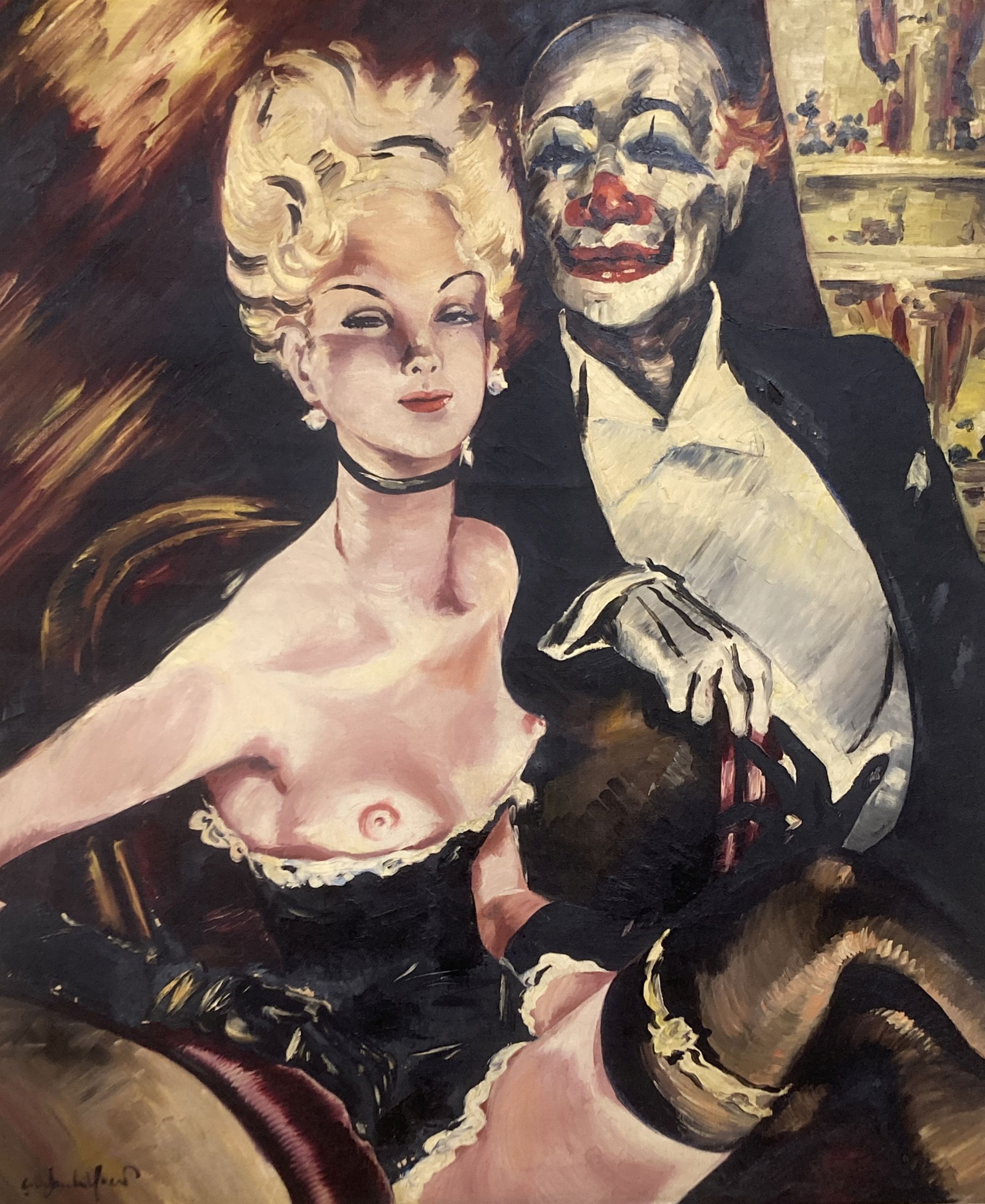 German School, oil on canvas, Show girl and gentleman with clown face, indistinctly signed, 95 x