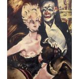 German School, oil on canvas, Show girl and gentleman with clown face, indistinctly signed, 95 x