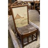An Arts & Crafts rectangular chip carved oak stool, width 43cm, depth 34cm, height 38cm, together