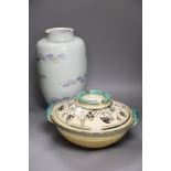 A Japanese pottery vase, height 37cm, and a bowl and coverCONDITION: Large baking dish