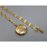 A 585 fancy link chain necklace (5.9g) with 9ct engraved gold enclosed circular locket, gross 10.7g