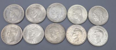 Ten George V and VI halfcrowns, 1928 GVF, 1935 GVF, 1936 VF,1937, GVF, 1938, AEF, 1939, GVF, 1940,