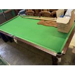 An Edwardian mahogany dining / snooker table with five section removable top and accessories, length