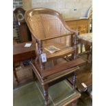An early Victorian caned mahogany child's high chair on stand, width 42cm, depth 42cm, height 94cm