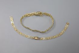 A 9ct plain and textured gold fancy link bracelet, 10.9g and a 585 yellow metal Greek key link