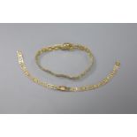 A 9ct plain and textured gold fancy link bracelet, 10.9g and a 585 yellow metal Greek key link