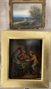 19th century German School, pair of oils on zinc, 17th interiors with figures playing games, 20 x