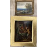 19th century German School, pair of oils on zinc, 17th interiors with figures playing games, 20 x