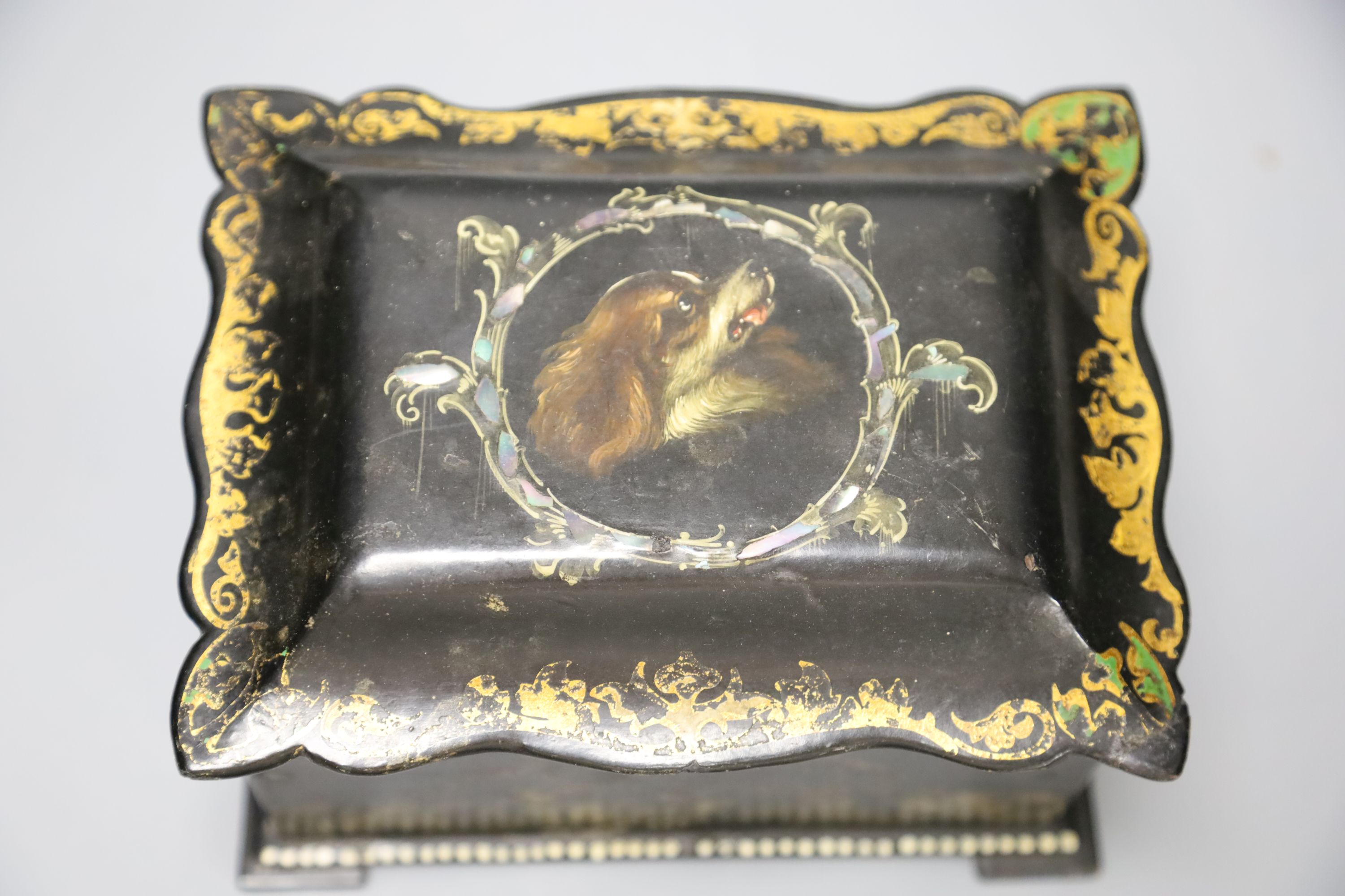 A 19th century black papier mache tea caddy cover painted with a central cartouche of a dog's head - Image 2 of 4