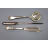 A George III silver marrow scoop, London, 1808, a silver butter knife and a George III silver sifter