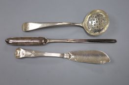 A George III silver marrow scoop, London, 1808, a silver butter knife and a George III silver sifter