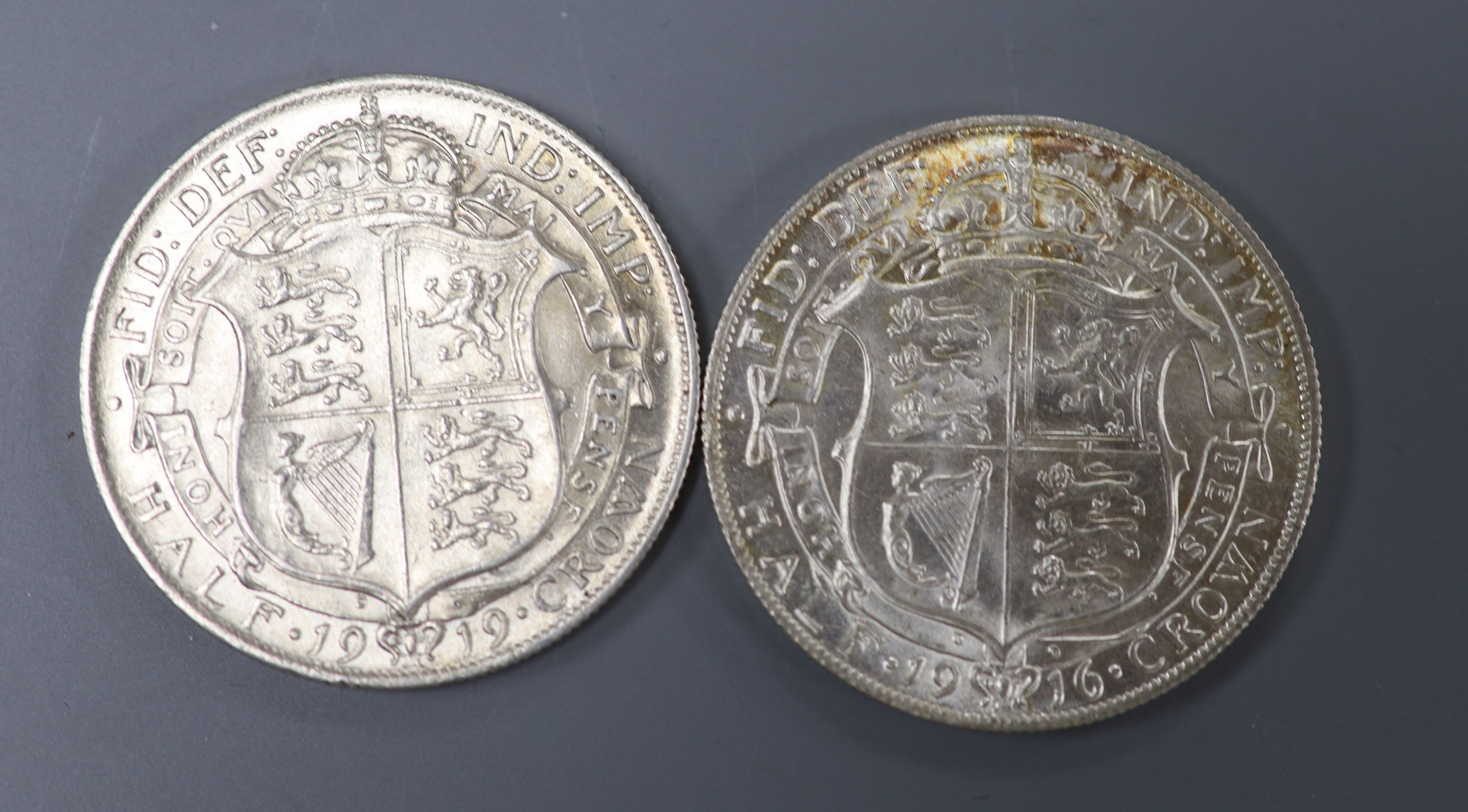 Two George V silver halfcrowns, 1916 and 1919, VF/GVF non abrasively cleaned - Image 2 of 2
