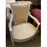 A Louis XVI style cream and white painted fauteuil, width 56cm, depth 48cm, height 88cm