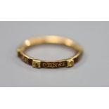 A French yellow metal and red enamel hexagonal band, inscribed 'Je Pense a Vous Tou Jours', (pearls?