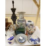 A Chinese famille rose vase, two teapots, mixed Chinese and Japanese ceramics and a lamp