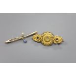 A 15ct gold, diamond and sapphire gypsy-set bar brooch and a 15ct gold foliate form pearl and