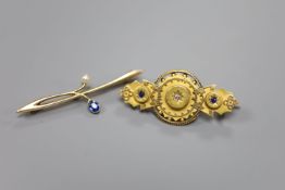A 15ct gold, diamond and sapphire gypsy-set bar brooch and a 15ct gold foliate form pearl and
