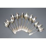 A set of six early Victorian silver fiddle pattern table spoons and six dessert spoons, James Beebe,