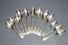 A set of six early Victorian silver fiddle pattern table spoons and six dessert spoons, James Beebe,