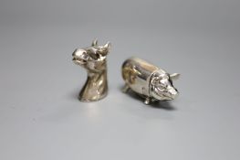 Two modern 925 vesta cases, pig and horse's head, pig 65mm.