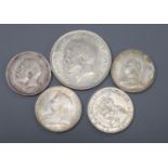 Victoria to George V silver coins, four shillings, 1900 edge knocks otherwise EF and 1887 EF, 1915