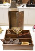 A 19th century oak candle box, a corbel, cutlery tray and sundry treen items