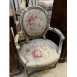 A French painted fauteuil, width 65cm, depth 48cm, height 94cm