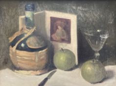 Modern British, oil on board, Still life with apples, 29 x 39cm