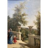 Attributed to George Hilditch (1803-1857), oil on panel, Figures on a terrace, 33 x 24cm