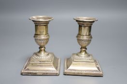 A pair of late Victorian silver dwarf candlesticks, Josiah Williams & Co, London, 1892, 11.1cm,