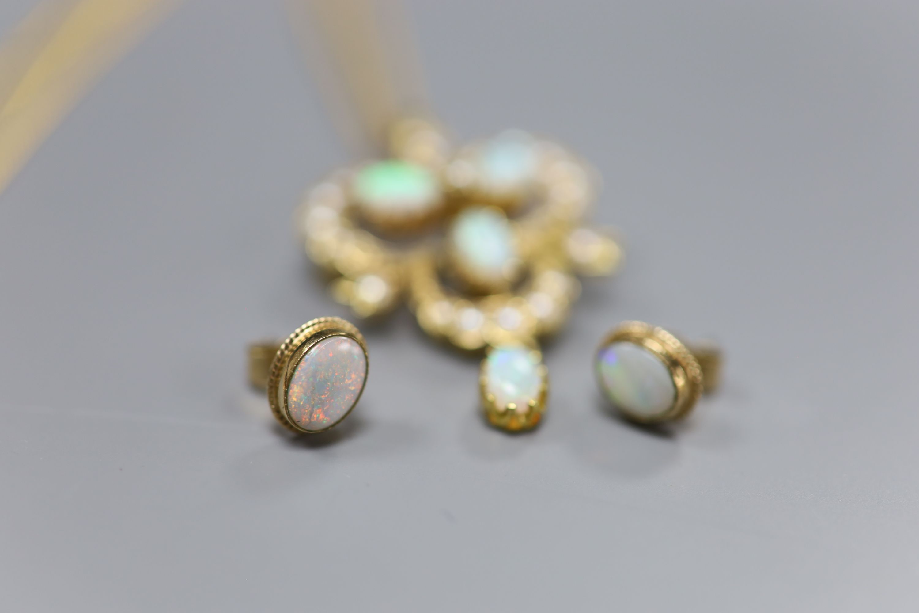 A modern 9ct gold, opal and seed pearl openwork drop pendant, on 9ct gold chain and a pair of opal - Image 2 of 3