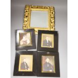 Four 19th century miniature portraits and a gilt-framed mirror