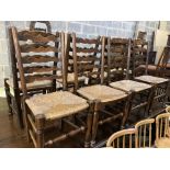 A harlequin set of nine early 19th century ash rush seated ladderback dining chairs (5 and 4)