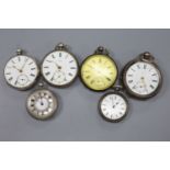 Three assorted silver pocket watches, a white metal pocket watch and two similar fob watches (a.