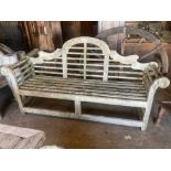 A vintage Lutyens design weathered teak garden bench, width 196cm depth 50cm height