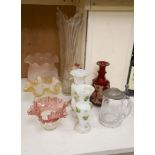 A collection of mixed glassware, including a Bohemian ruby flash decanter (lacking stopper), two