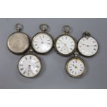 Six assorted continental white metal fob watches (a.f.).