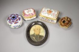 A 19th century Stoneware mask inkwell, two ceramic trinket boxes, a Japanese and a vase