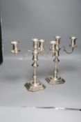 A pair of George I style silver two-branch three-light candelabra, Birmingham 1967, Makers: