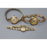 Three 9ct gold-cased ladys' wristwatches, one with 9ct gold marked bracelet (latter gross 11.5